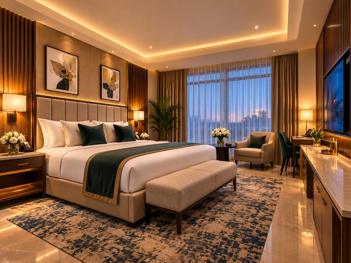 Executive room concept at NetimaSuites with dark green accents and warm lighting